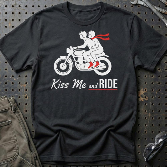 Kiss Me And Ride – Unisex T-Shirt , Bomuld-Beklædning-Garage Culture-Sort-S-Garage Culture Shop- garage - man cave - merchandise