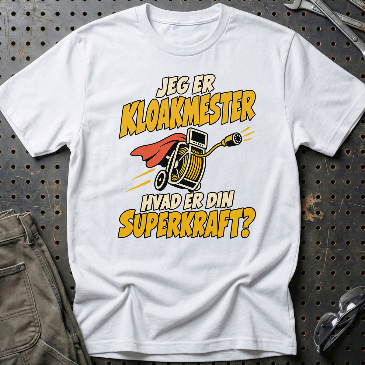 
Kloakmester – Hvad er din superkraft? – Unisex T-Shirt – Hvid