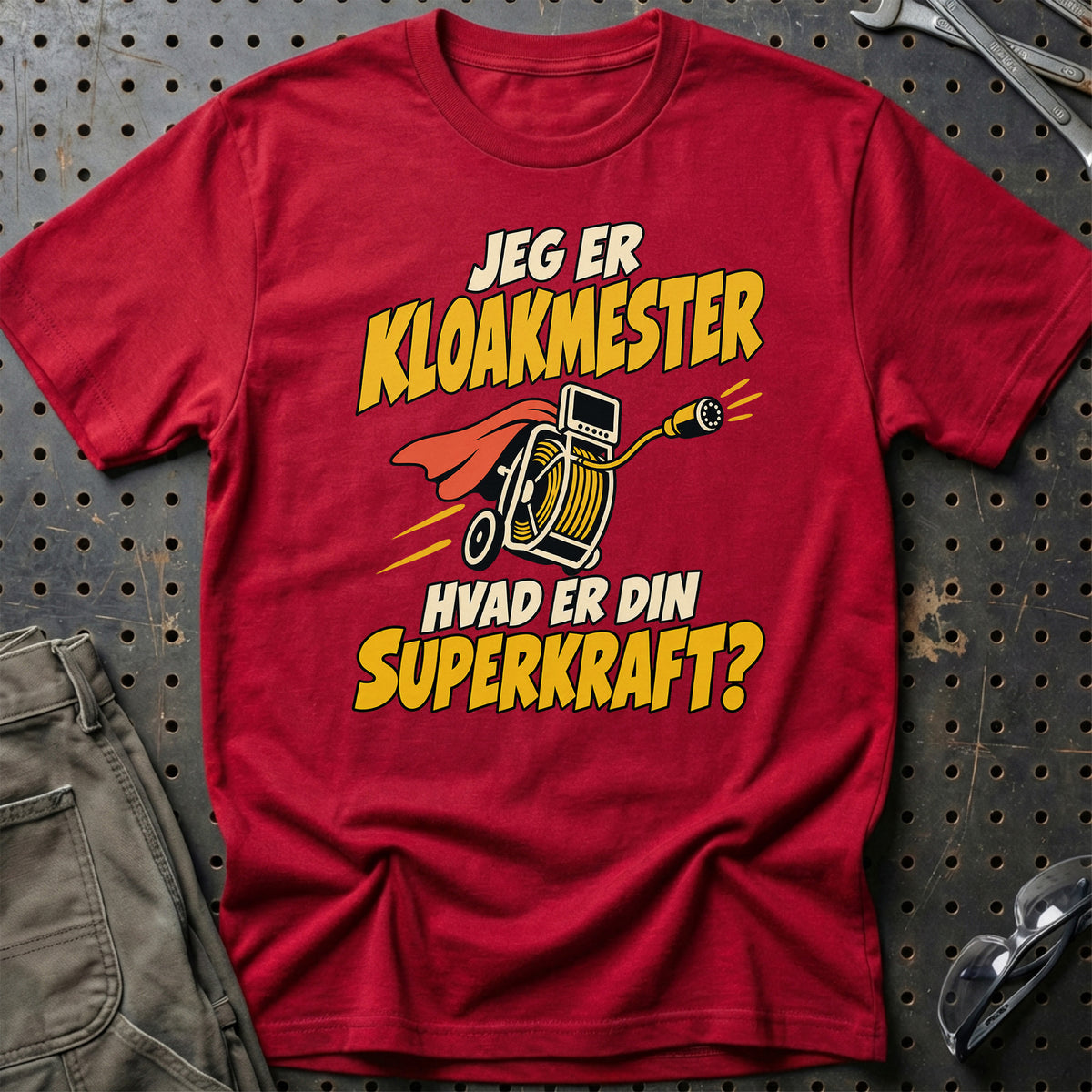 
Kloakmester – Hvad er din superkraft? – Unisex T-Shirt – Rød