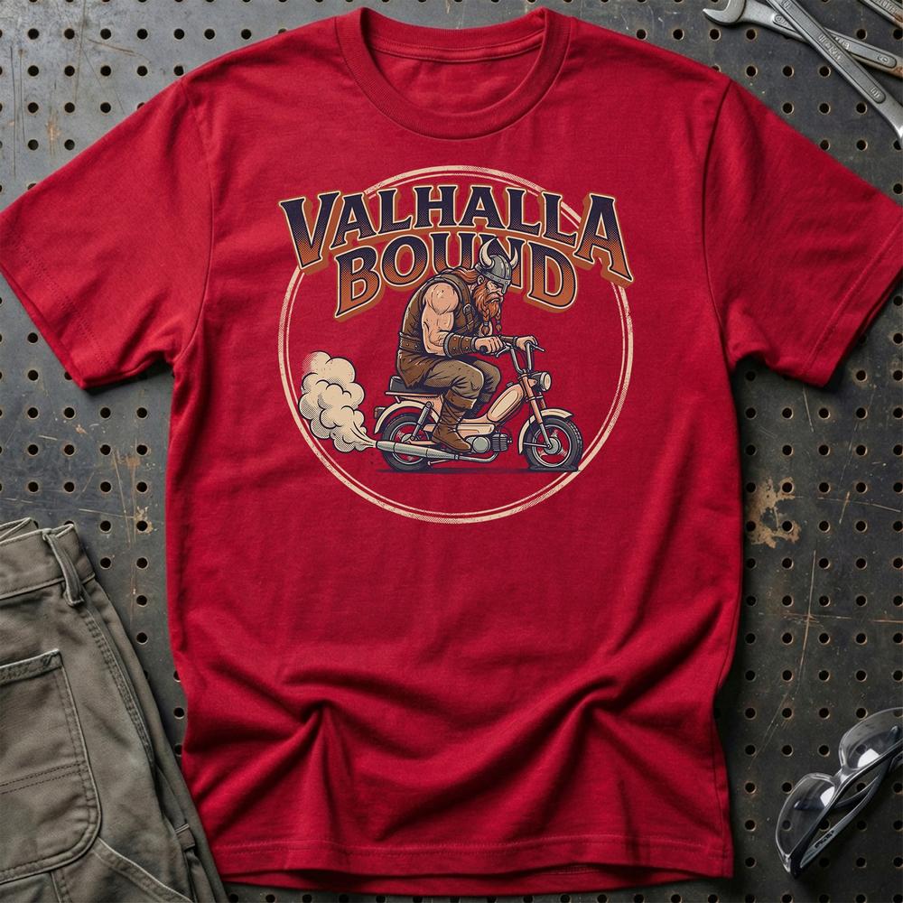 Knallert Valhalla Bound Viking Rider T-Shirt-Beklædning-Garage Culture-Rød-S-Garage Culture Shop- garage - man cave - merchandise