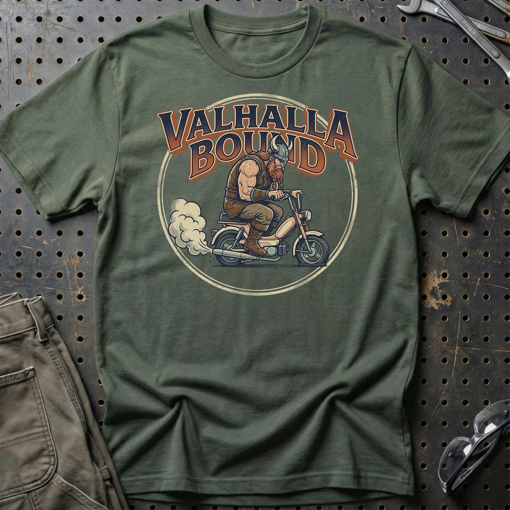 Knallert Valhalla Bound Viking Rider T-Shirt-Beklædning-Garage Culture-Grøn Militær-S-Garage Culture Shop- garage - man cave - merchandise