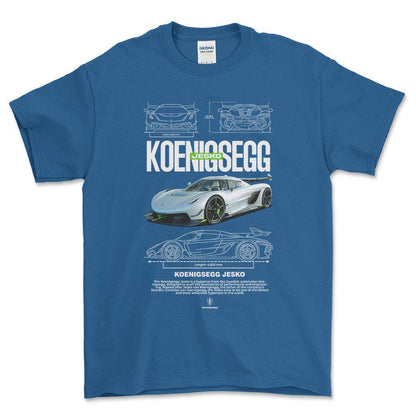 Koenigsegg Jesko - Unisex T-Shirt , Bomuld-Beklædning-Koenigsegg-Blå Royal-S-Forside-Garage Culture Shop- garage - man cave - merchandise