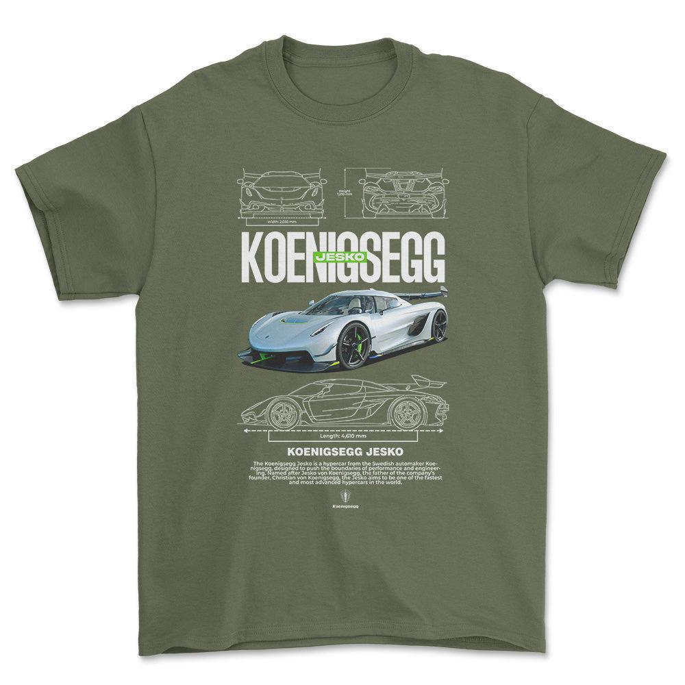 Koenigsegg Jesko - Unisex T-Shirt , Bomuld-Beklædning-Koenigsegg-Grøn Militær-S-Forside-Garage Culture Shop- garage - man cave - merchandise