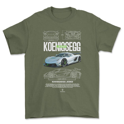 Koenigsegg Jesko - Unisex T-Shirt , Bomuld-Beklædning-Koenigsegg-Grøn Militær-S-Forside-Garage Culture Shop- garage - man cave - merchandise