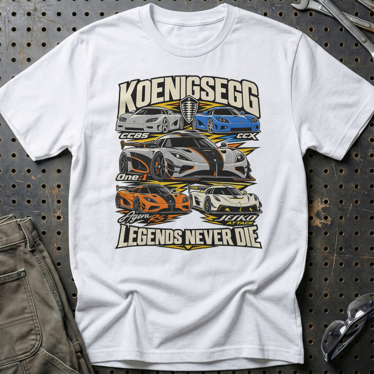Koenigsegg Legends Never Die T-Shirt-Beklædning-Koenigsegg-Hvid-S-Garage Culture Shop- garage - man cave - merchandise