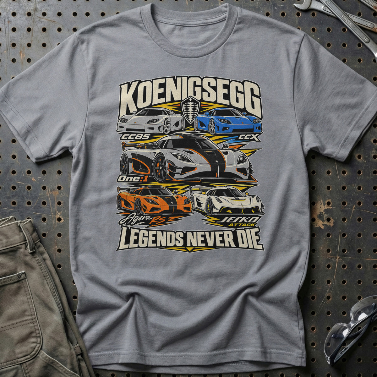 Koenigsegg Legends Never Die T-Shirt-Beklædning-Koenigsegg-Grå Sport-S-Garage Culture Shop- garage - man cave - merchandise