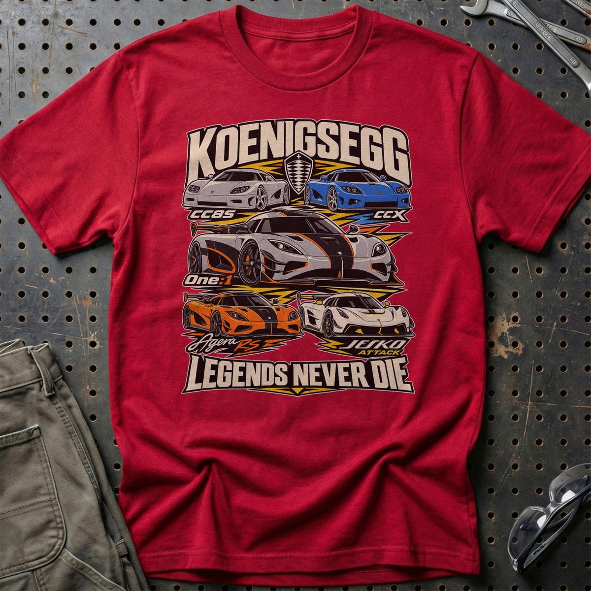 Koenigsegg Legends Never Die T-Shirt-Beklædning-Koenigsegg-Rød-S-Garage Culture Shop- garage - man cave - merchandise