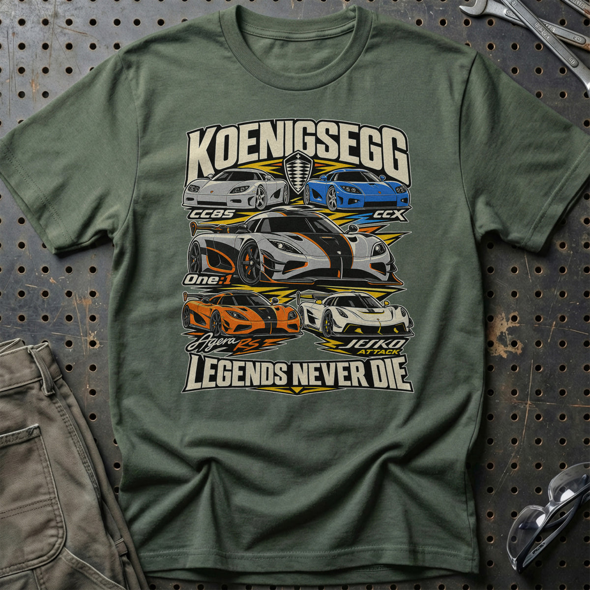 Koenigsegg Legends Never Die T-Shirt-Beklædning-Koenigsegg-Grøn Militær-S-Garage Culture Shop- garage - man cave - merchandise