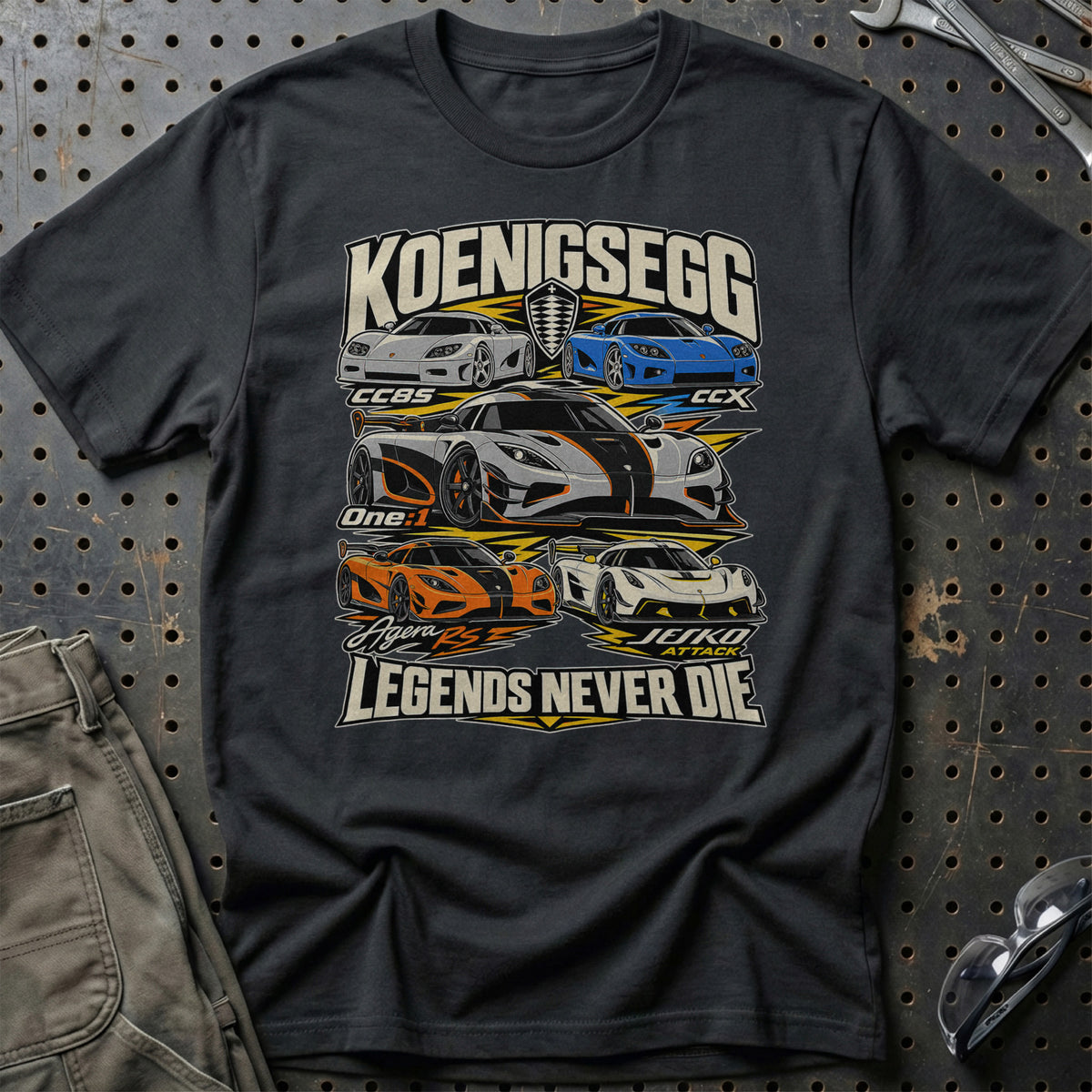 Koenigsegg Legends Never Die T-Shirt-Beklædning-Koenigsegg-Sort-S-Garage Culture Shop- garage - man cave - merchandise