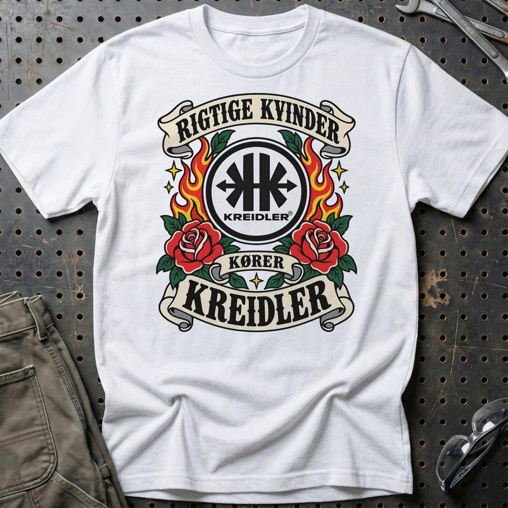 Kreidler Rigtige Kvinder Kører – Roser og Flammer T-Shirt-Beklædning-Kreidler-Hvid-S-Garage Culture Shop- garage - man cave - merchandise