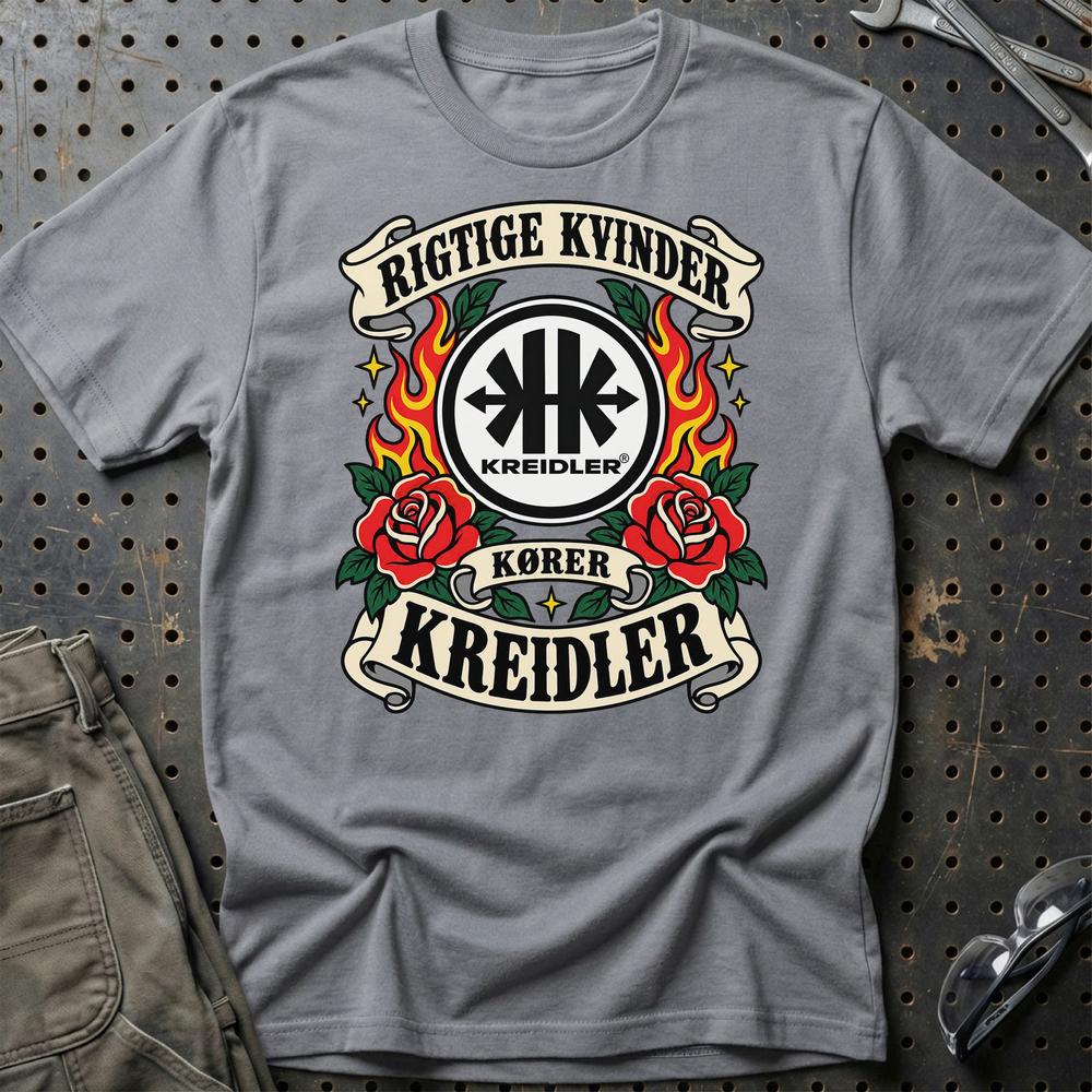 Kreidler Rigtige Kvinder Kører – Roser og Flammer T-Shirt-Beklædning-Kreidler-Grå Sport-S-Garage Culture Shop- garage - man cave - merchandise