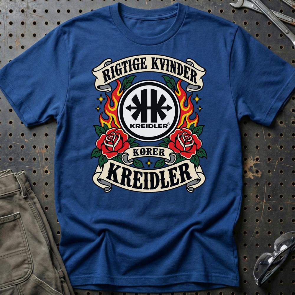 Kreidler Rigtige Kvinder Kører – Roser og Flammer T-Shirt-Beklædning-Kreidler-Blå Royal-S-Garage Culture Shop- garage - man cave - merchandise