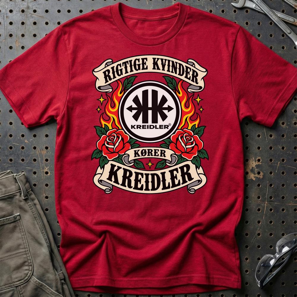 Kreidler Rigtige Kvinder Kører – Roser og Flammer T-Shirt-Beklædning-Kreidler-Rød-S-Garage Culture Shop- garage - man cave - merchandise