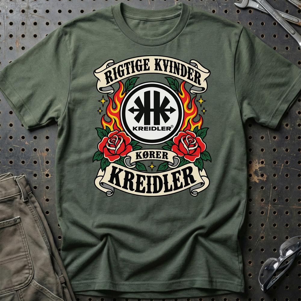 Kreidler Rigtige Kvinder Kører – Roser og Flammer T-Shirt-Beklædning-Kreidler-Grøn Militær-S-Garage Culture Shop- garage - man cave - merchandise