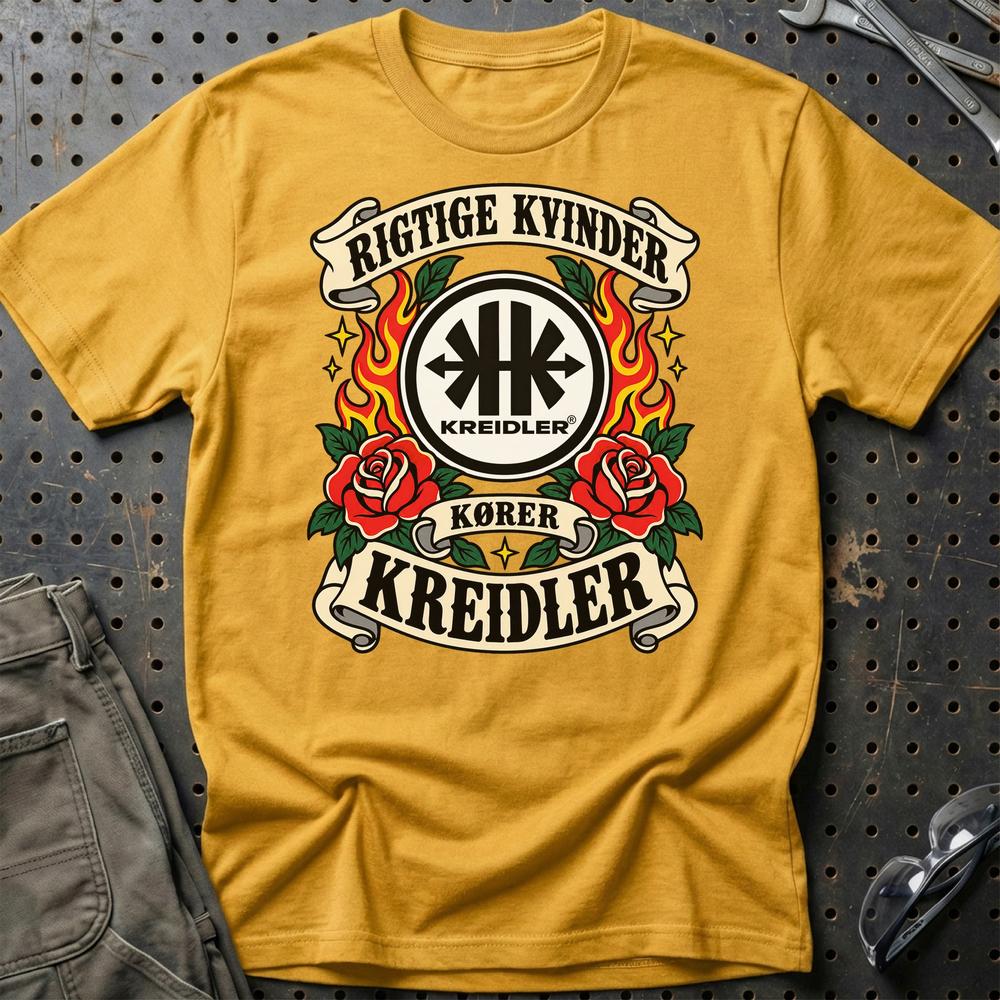 Kreidler Rigtige Kvinder Kører – Roser og Flammer T-Shirt-Beklædning-Kreidler-Guld-S-Garage Culture Shop- garage - man cave - merchandise