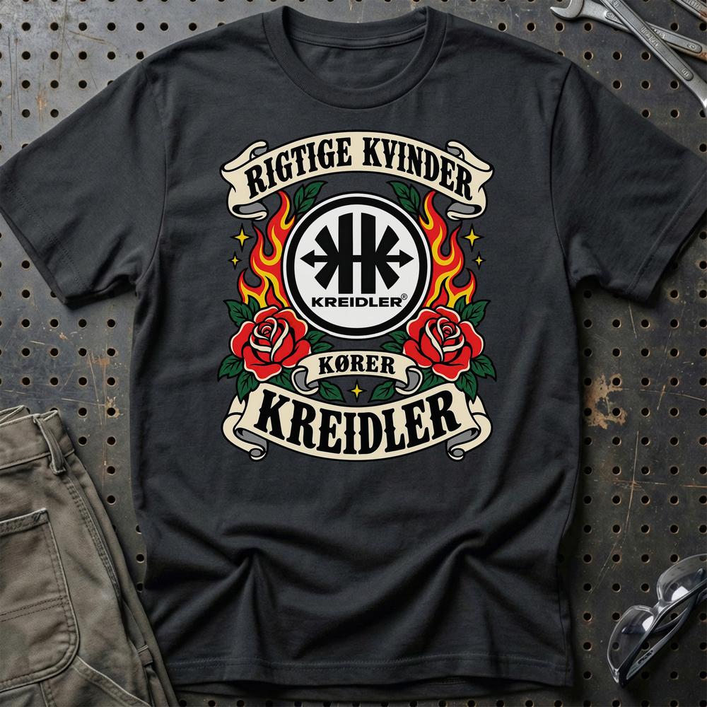 Kreidler Rigtige Kvinder Kører – Roser og Flammer T-Shirt-Beklædning-Kreidler-Sort-S-Garage Culture Shop- garage - man cave - merchandise