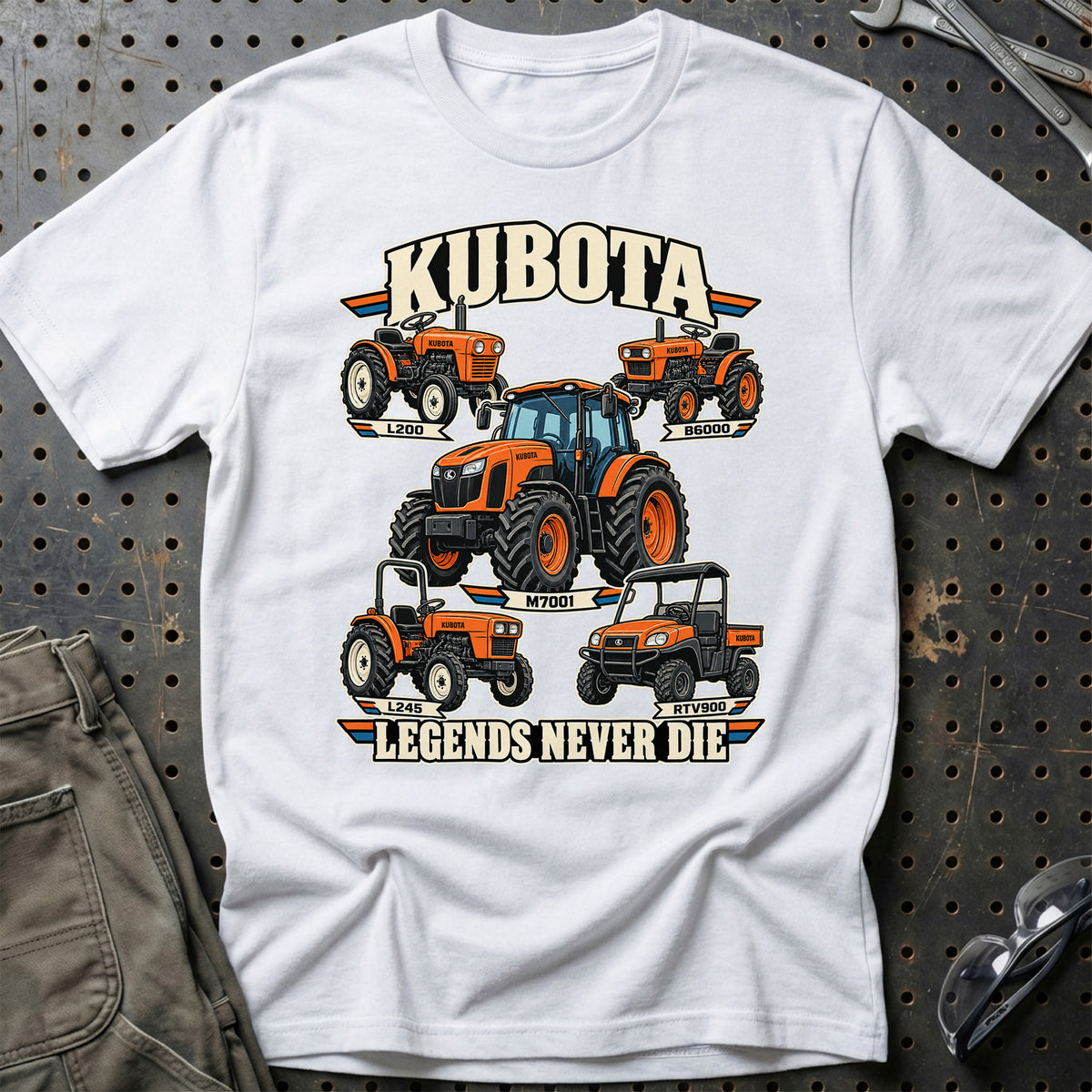 Kubota Legends Never Die T-Shirt-Beklædning-Kubota-Hvid-S-Garage Culture Shop- garage - man cave - merchandise