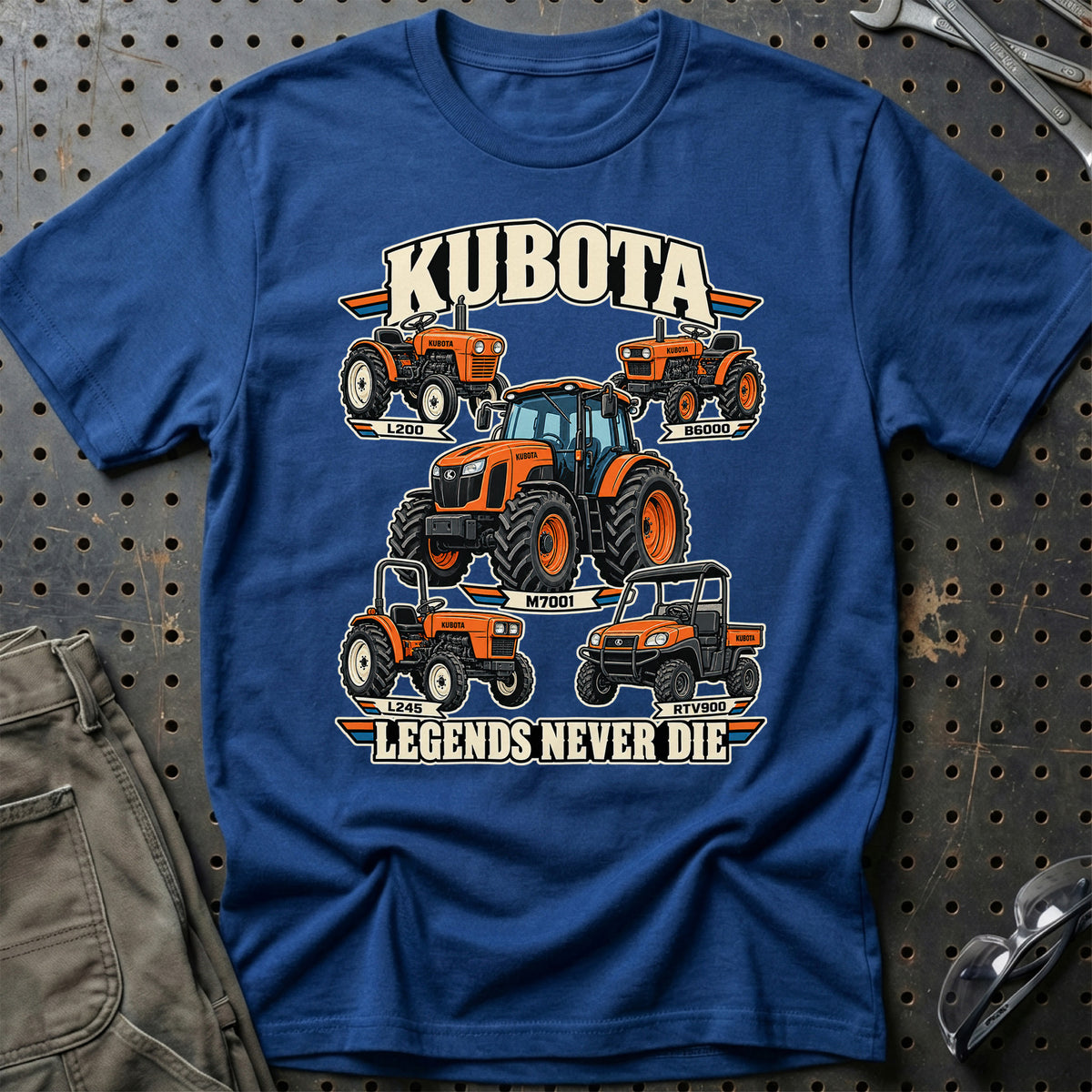 Kubota Legends Never Die T-Shirt-Beklædning-Kubota-Blå Royal-S-Garage Culture Shop- garage - man cave - merchandise