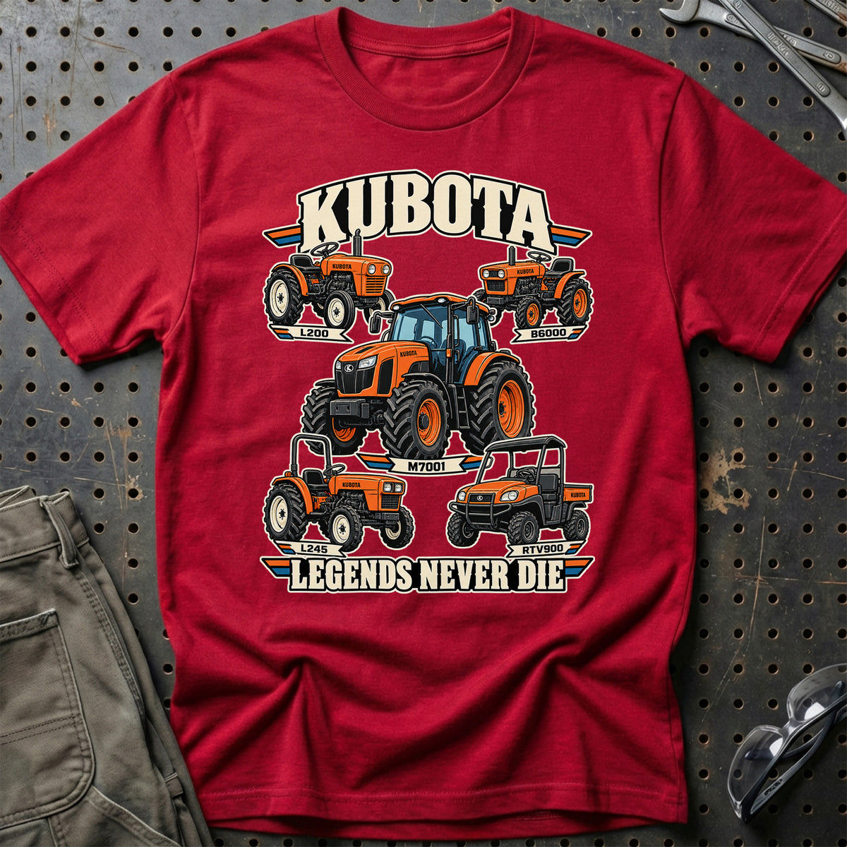 Kubota Legends Never Die T-Shirt-Beklædning-Kubota-Rød-S-Garage Culture Shop- garage - man cave - merchandise