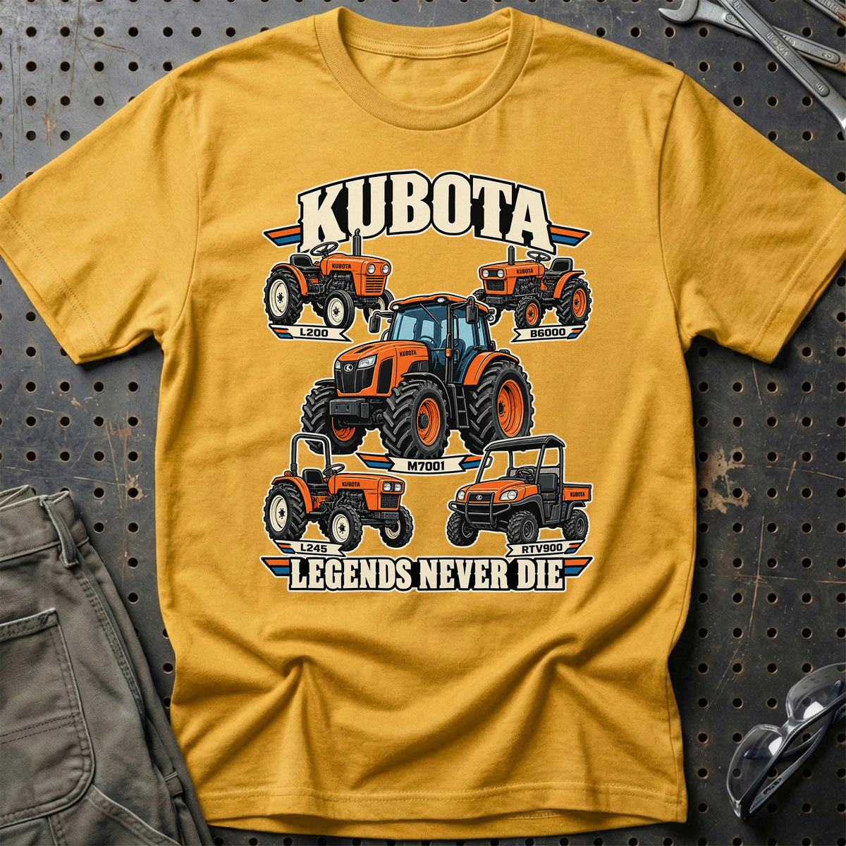 Kubota Legends Never Die T-Shirt-Beklædning-Kubota-Guld-S-Garage Culture Shop- garage - man cave - merchandise
