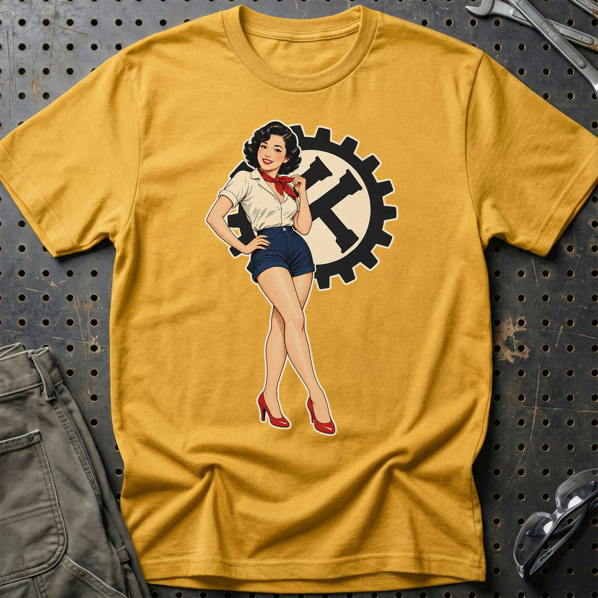 Kubota Retro Pinup T-Shirt-Beklædning-Kubota-Guld-S-Garage Culture Shop- garage - man cave - merchandise