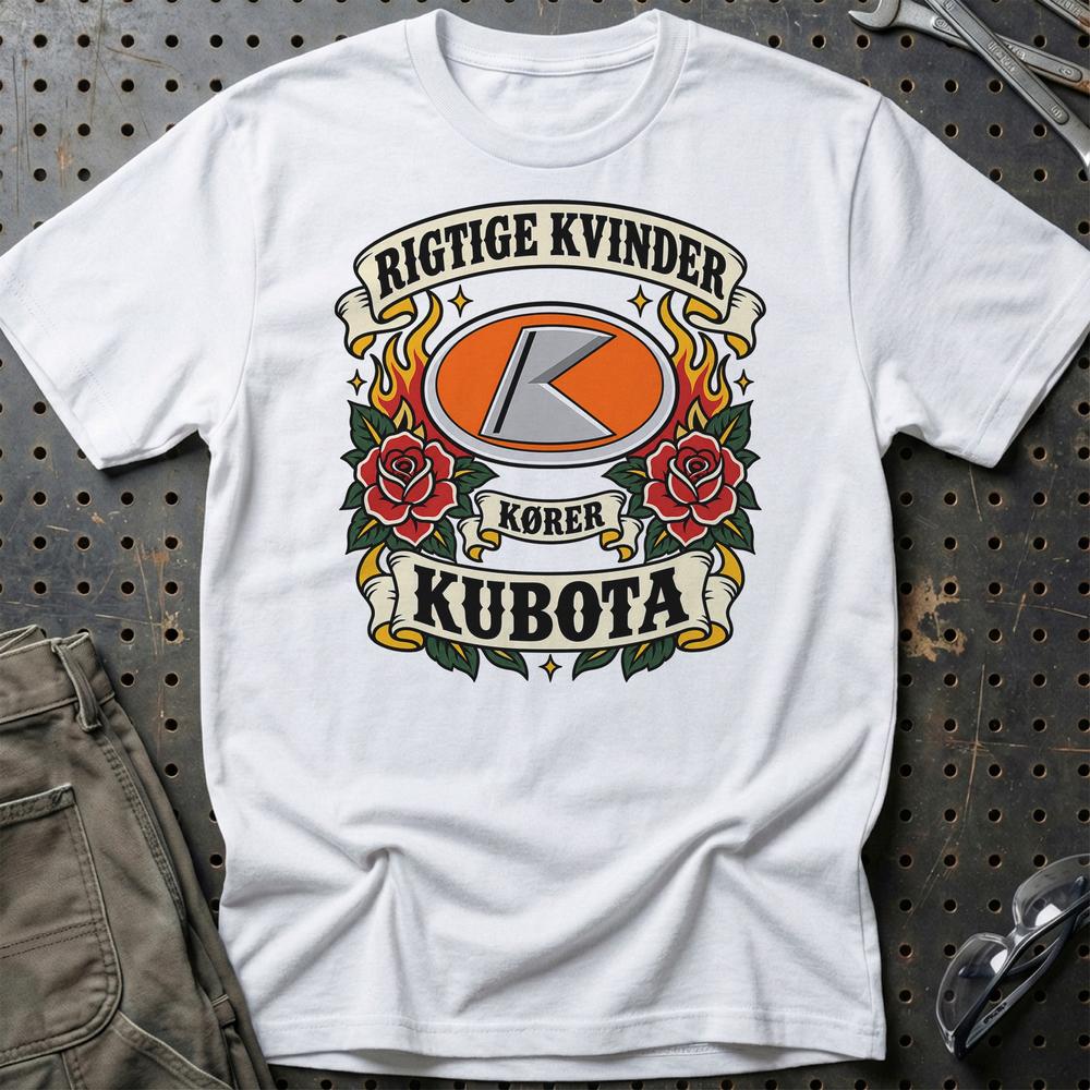 Kubota Rigtige Kvinder Kører – Roser og Flammer T-Shirt-Beklædning-Kubota-Hvid-S-Garage Culture Shop- garage - man cave - merchandise