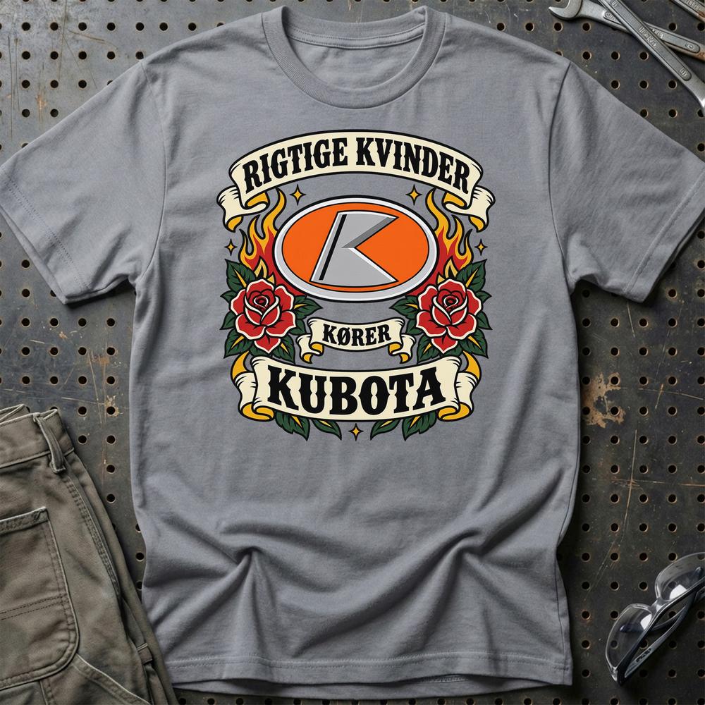 Kubota Rigtige Kvinder Kører – Roser og Flammer T-Shirt-Beklædning-Kubota-Grå Sport-S-Garage Culture Shop- garage - man cave - merchandise
