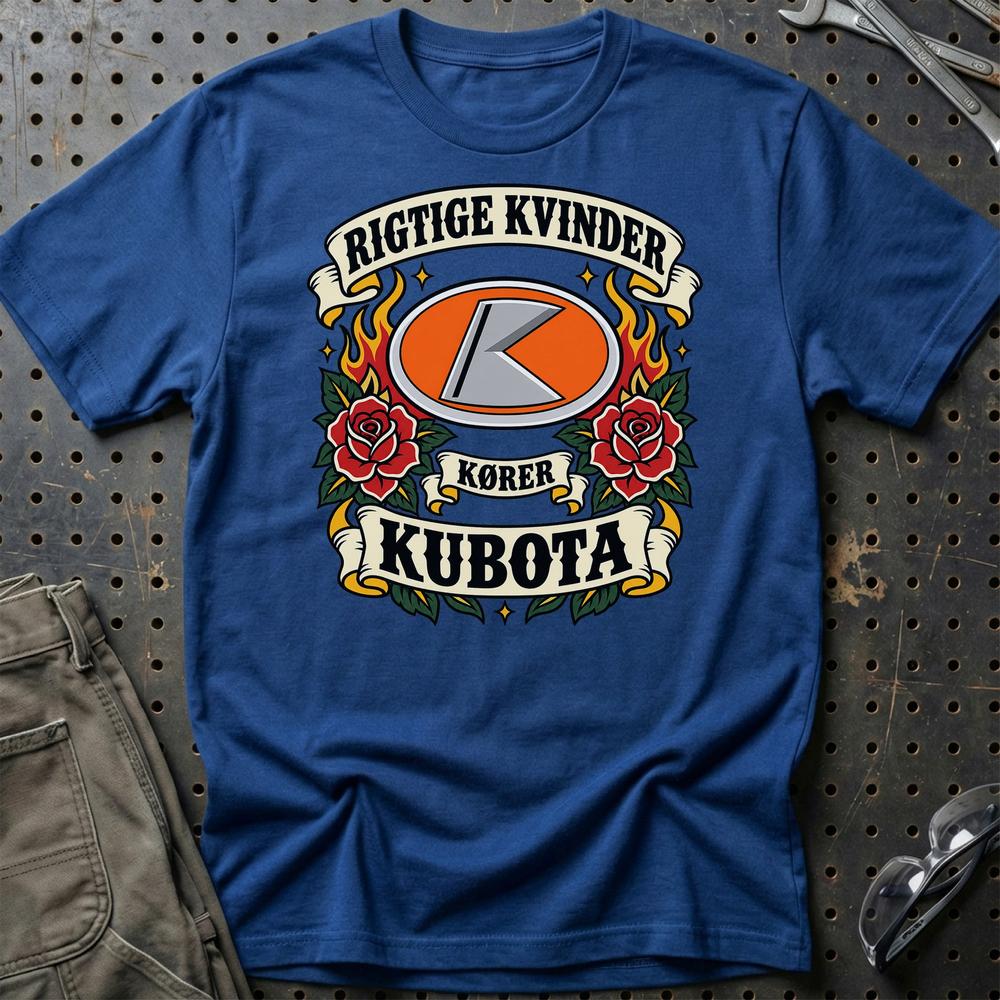 Kubota Rigtige Kvinder Kører – Roser og Flammer T-Shirt-Beklædning-Kubota-Blå Royal-S-Garage Culture Shop- garage - man cave - merchandise