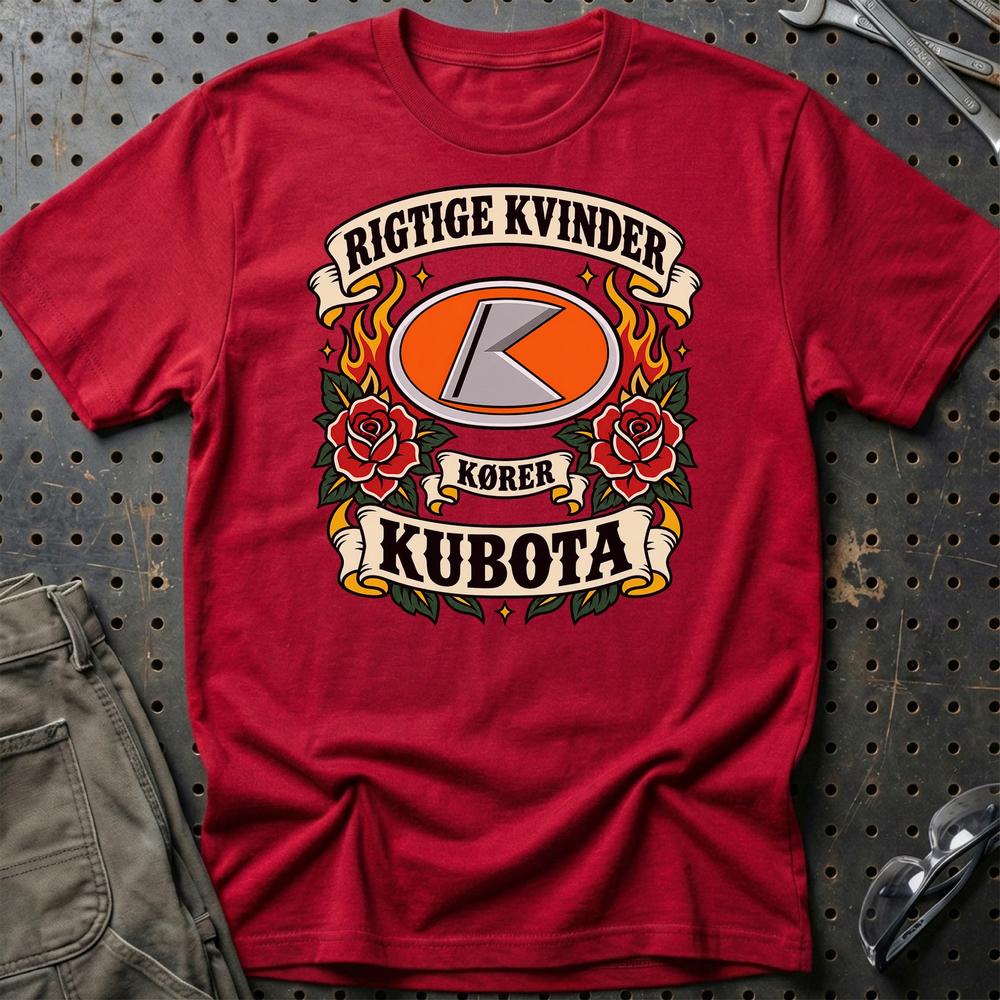 Kubota Rigtige Kvinder Kører – Roser og Flammer T-Shirt-Beklædning-Kubota-Rød-S-Garage Culture Shop- garage - man cave - merchandise
