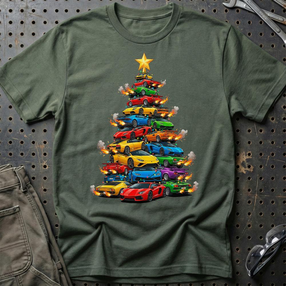 Lamborghini Juletræ Christmas Tree T-Shirt-Beklædning-Lamborghini-Grøn Militær-S-Garage Culture Shop- garage - man cave - merchandise
