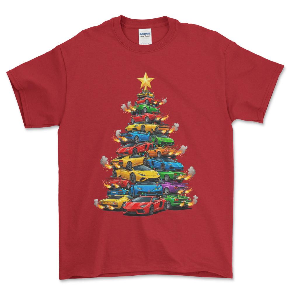 Lamborghini Juletræ Christmas Tree - Unisex T-Shirt-Beklædning-Lamborghini-Rød-S-Forside-Garage Culture Shop- garage - man cave - merchandise