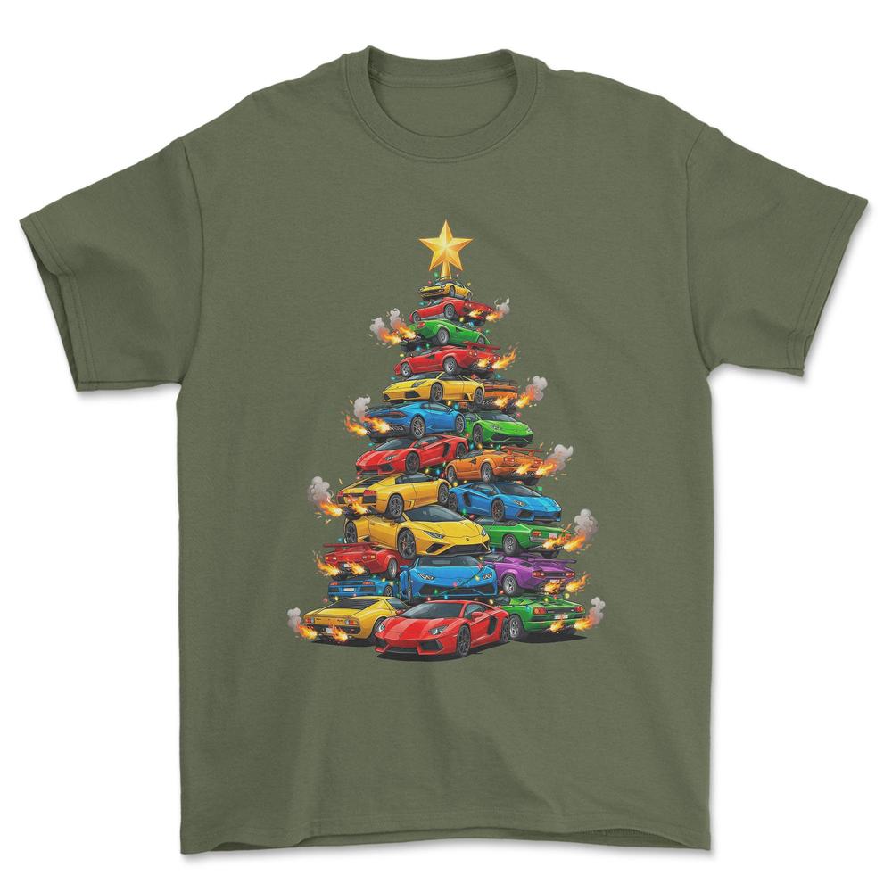 Lamborghini Juletræ Christmas Tree - Unisex T-Shirt-Beklædning-Lamborghini-Grøn Militær-S-Forside-Garage Culture Shop- garage - man cave - merchandise