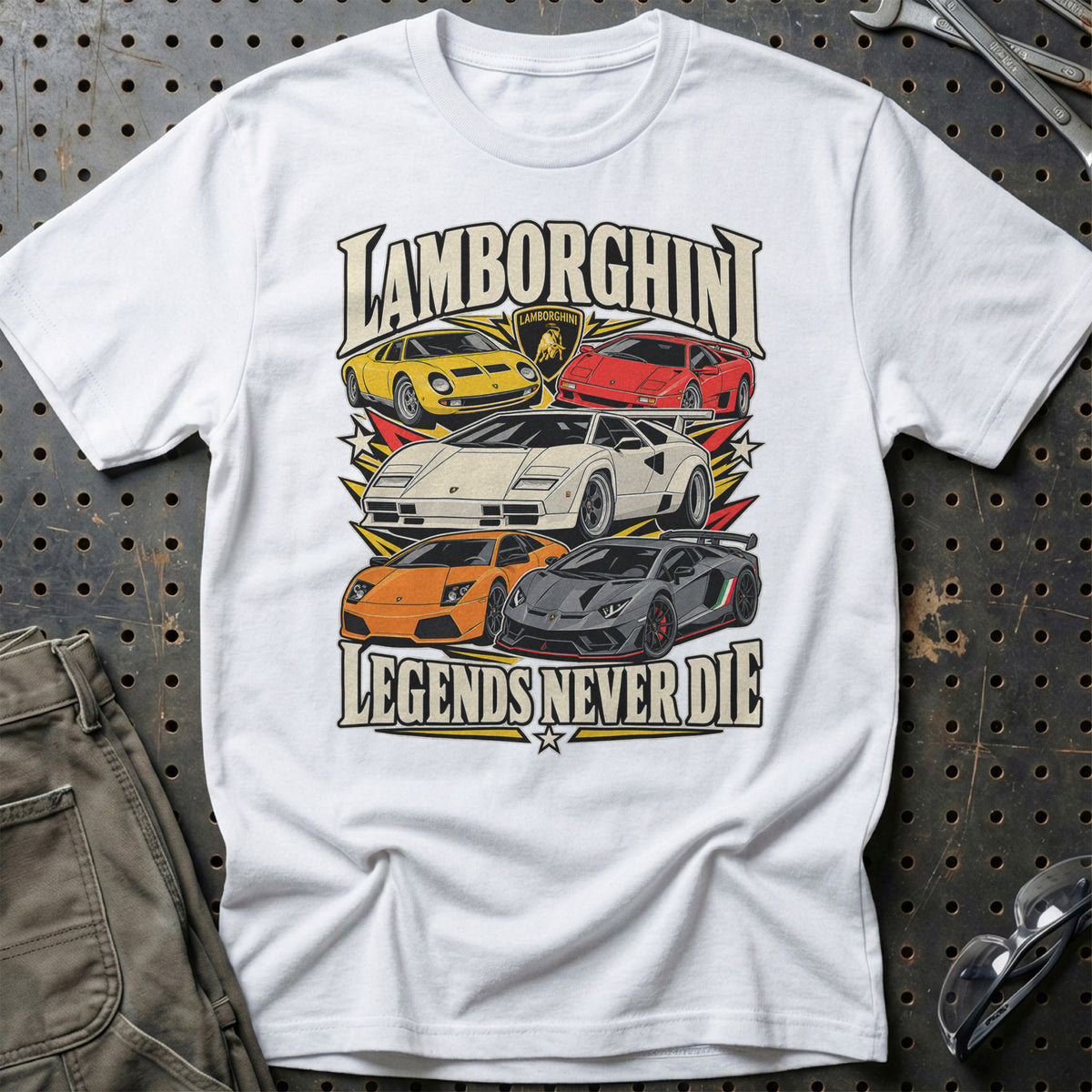 Lamborghini Legends Never Die T-Shirt-Beklædning-Lamborghini-Hvid-S-Garage Culture Shop- garage - man cave - merchandise