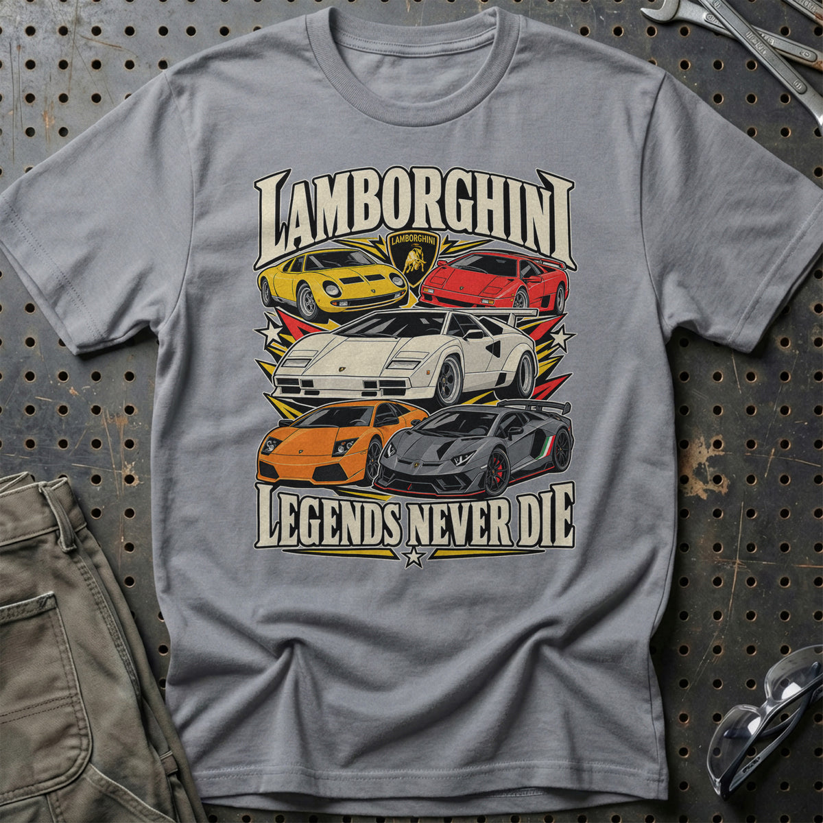 Lamborghini Legends Never Die T-Shirt-Beklædning-Lamborghini-Grå Sport-S-Garage Culture Shop- garage - man cave - merchandise