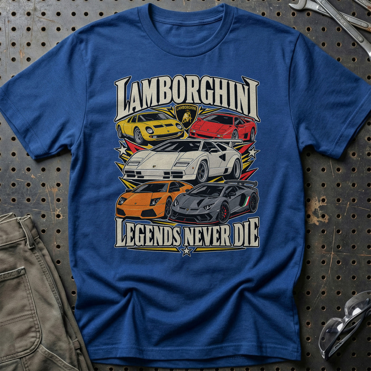 Lamborghini Legends Never Die T-Shirt-Beklædning-Lamborghini-Blå Royal-S-Garage Culture Shop- garage - man cave - merchandise
