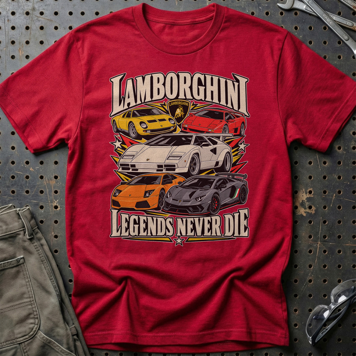 Lamborghini Legends Never Die T-Shirt-Beklædning-Lamborghini-Rød-S-Garage Culture Shop- garage - man cave - merchandise