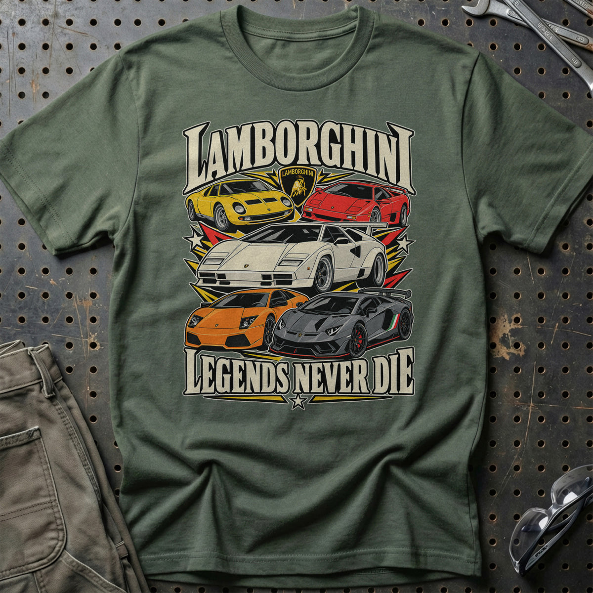 Lamborghini Legends Never Die T-Shirt-Beklædning-Lamborghini-Grøn Militær-S-Garage Culture Shop- garage - man cave - merchandise