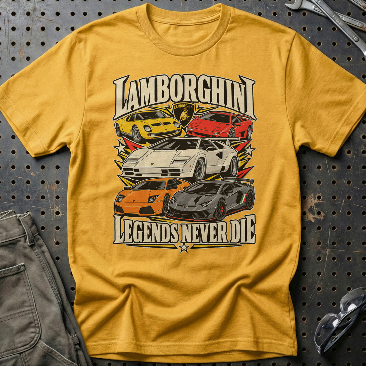 Lamborghini Legends Never Die T-Shirt-Beklædning-Lamborghini-Guld-S-Garage Culture Shop- garage - man cave - merchandise