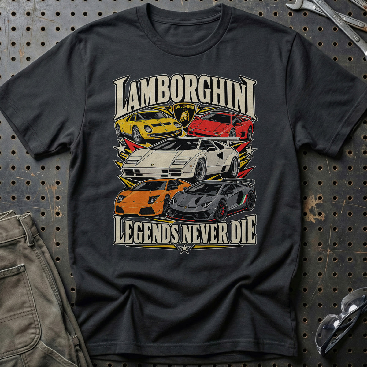 Lamborghini Legends Never Die T-Shirt-Beklædning-Lamborghini-Sort-S-Garage Culture Shop- garage - man cave - merchandise