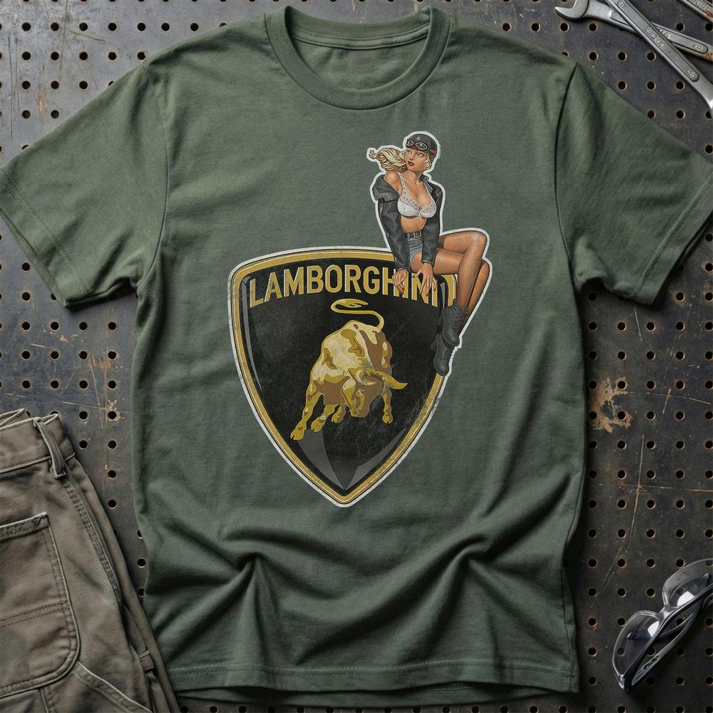 Lamborghini Pinup T-Shirt-Beklædning-Lamborghini-Grøn Militær-S-Garage Culture Shop- garage - man cave - merchandise