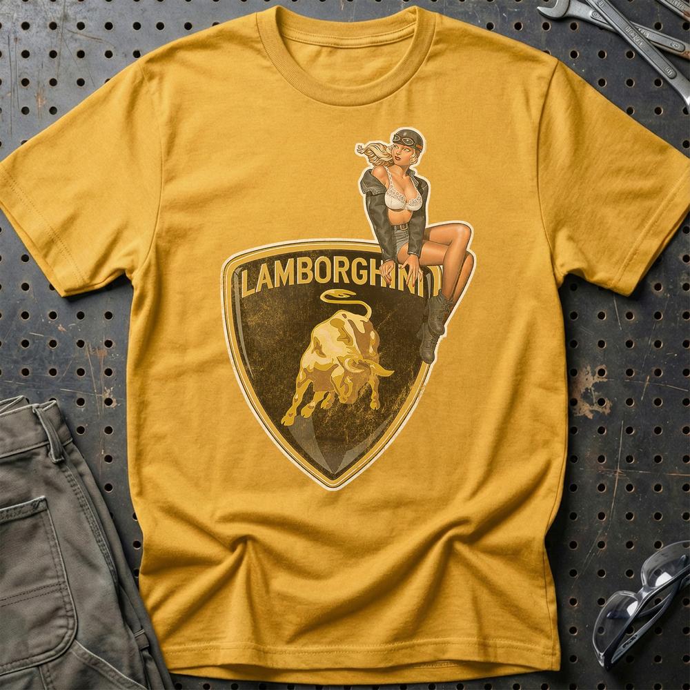 Lamborghini Pinup T-Shirt-Beklædning-Lamborghini-Guld-S-Garage Culture Shop- garage - man cave - merchandise