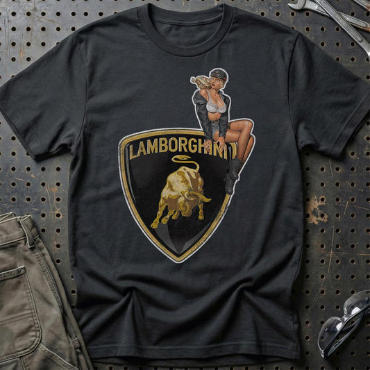Lamborghini Pinup - Unisex T-Shirt , Bomuld-Beklædning-Lamborghini-Sort-S-Garage Culture Shop- garage - man cave - merchandise