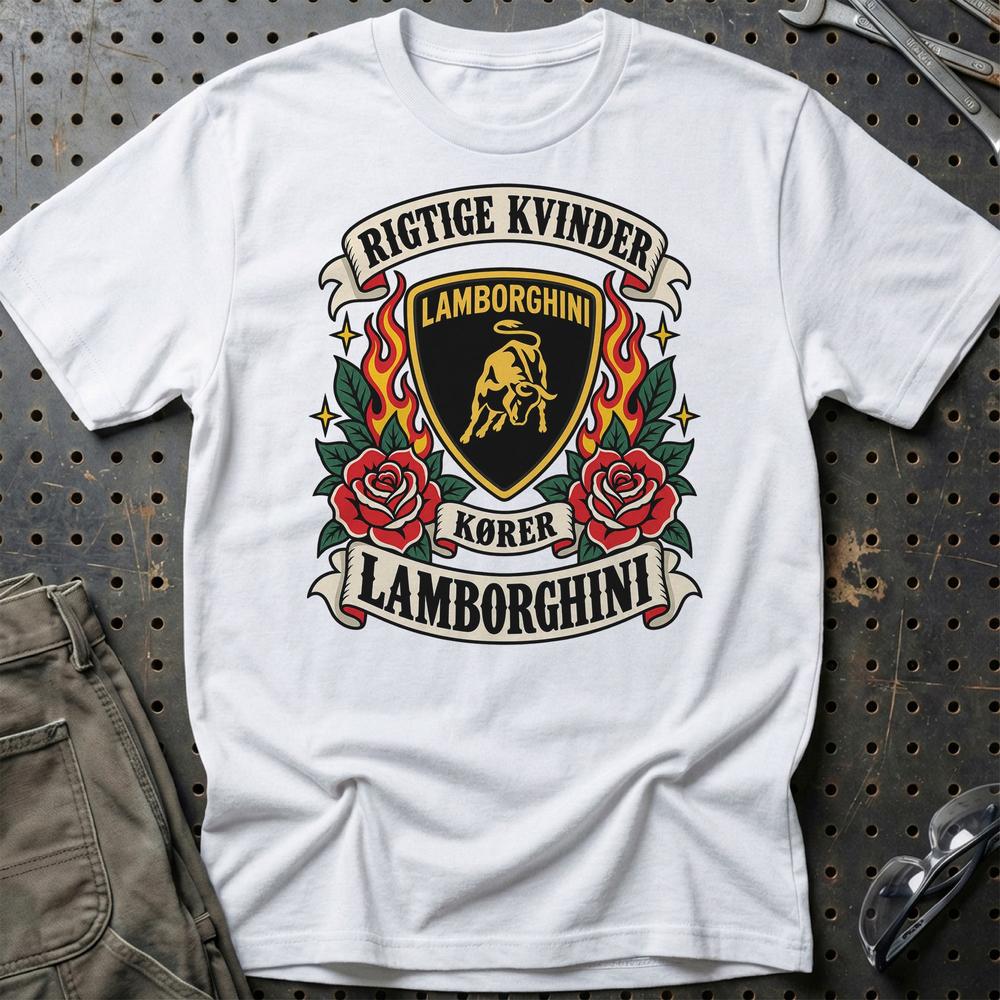 Lamborghini Rigtige Kvinder Kører – Roser og Flammer T-Shirt-Beklædning-Lamborghini-Hvid-S-Garage Culture Shop- garage - man cave - merchandise