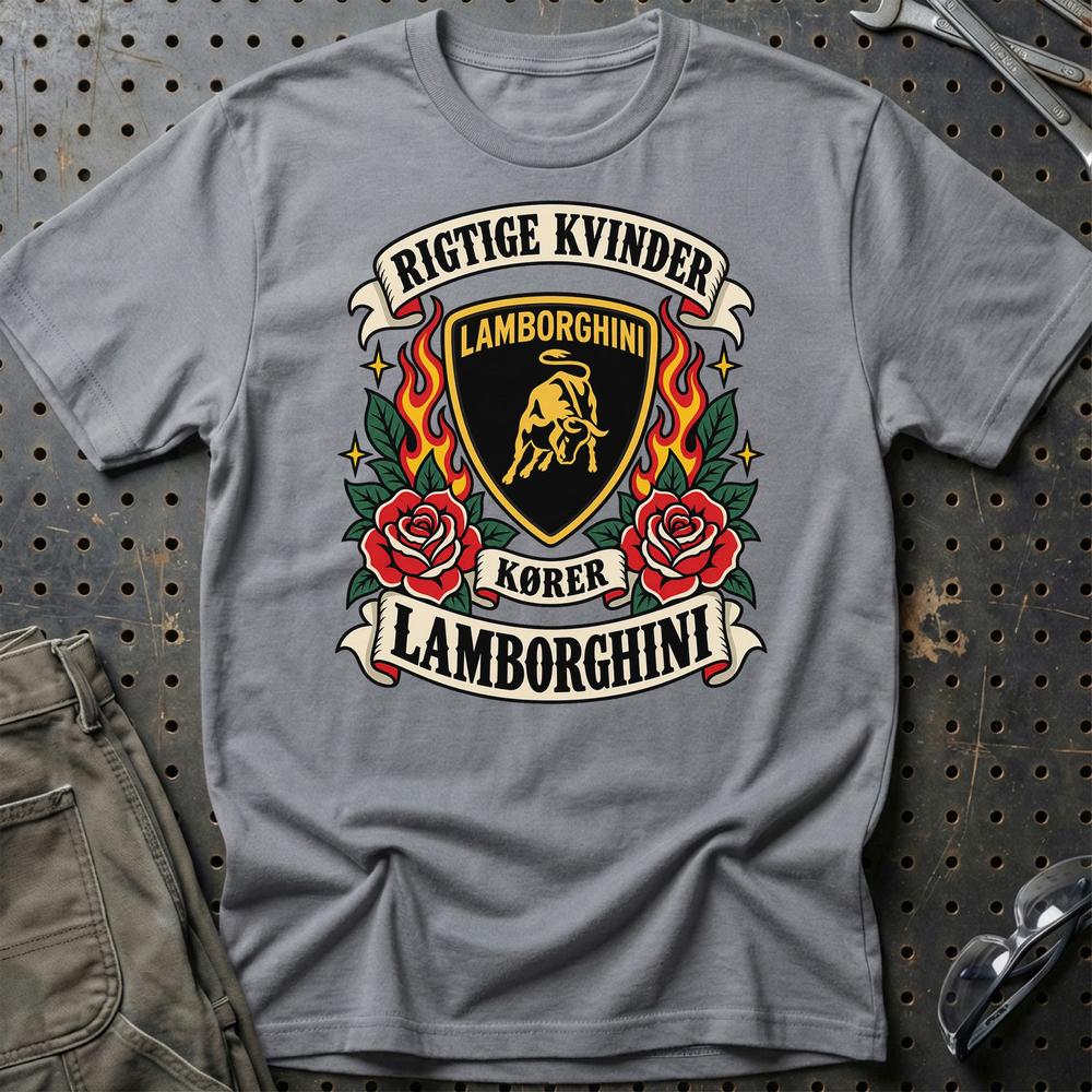 Lamborghini Rigtige Kvinder Kører – Roser og Flammer T-Shirt-Beklædning-Lamborghini-Grå Sport-S-Garage Culture Shop- garage - man cave - merchandise