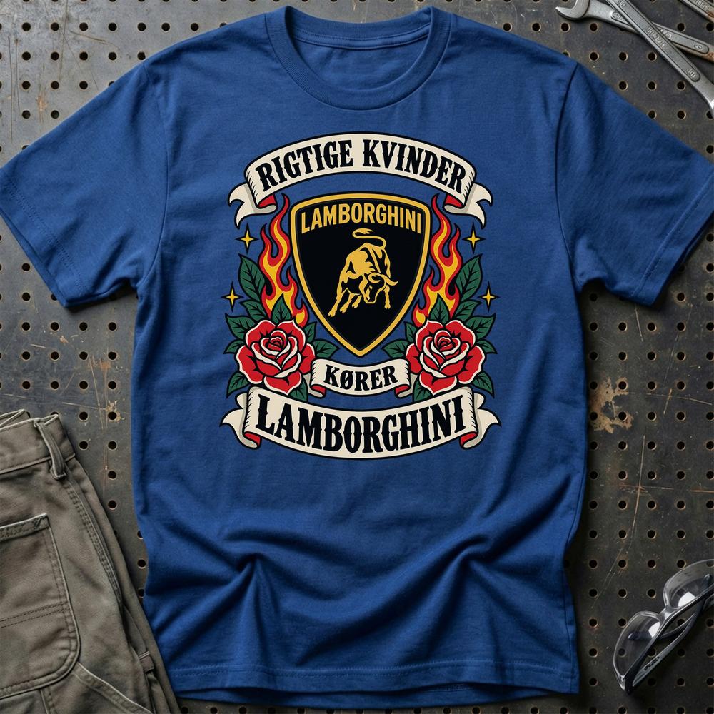 Lamborghini Rigtige Kvinder Kører – Roser og Flammer T-Shirt-Beklædning-Lamborghini-Blå Royal-S-Garage Culture Shop- garage - man cave - merchandise