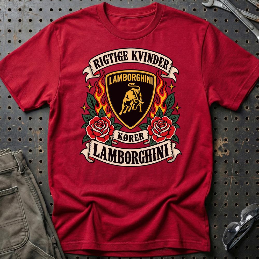 Lamborghini Rigtige Kvinder Kører – Roser og Flammer T-Shirt-Beklædning-Lamborghini-Rød-S-Garage Culture Shop- garage - man cave - merchandise