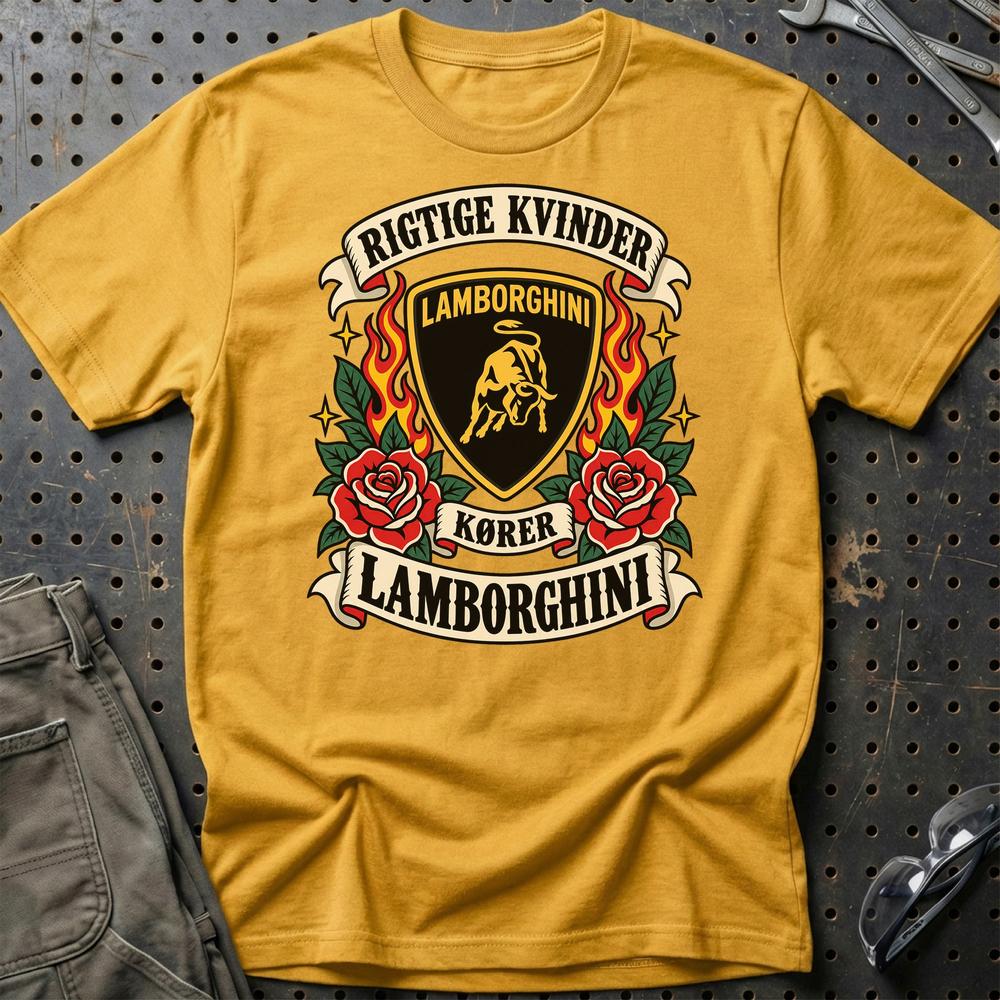 Lamborghini Rigtige Kvinder Kører – Roser og Flammer T-Shirt-Beklædning-Lamborghini-Guld-S-Garage Culture Shop- garage - man cave - merchandise