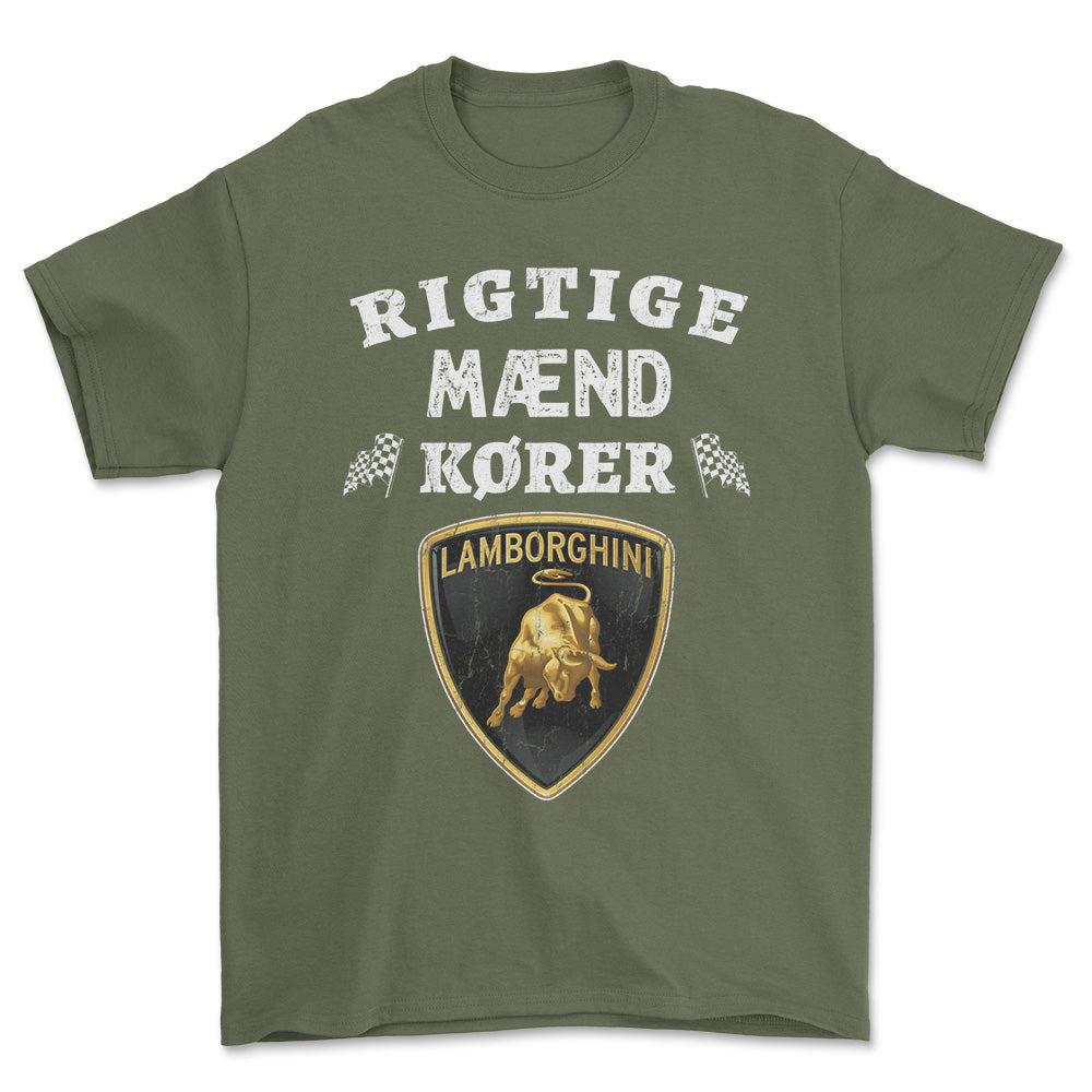 Lamborghini Rigtige Mænd Kører - Unisex T-Shirt , Bomuld-Beklædning-Lamborghini-Grøn Militær-S-Forside-Garage Culture Shop- garage - man cave - merchandise