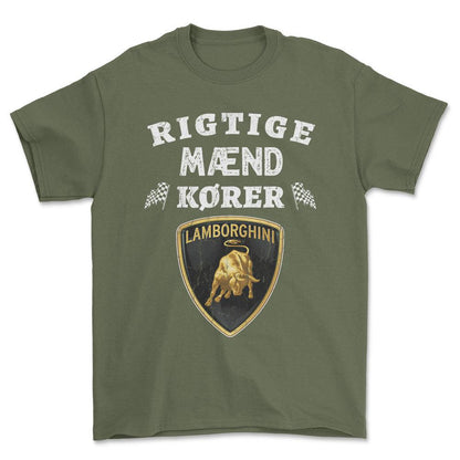 Lamborghini Rigtige Mænd Kører - Unisex T-Shirt , Bomuld-Beklædning-Lamborghini-Grøn Militær-S-Forside-Garage Culture Shop- garage - man cave - merchandise