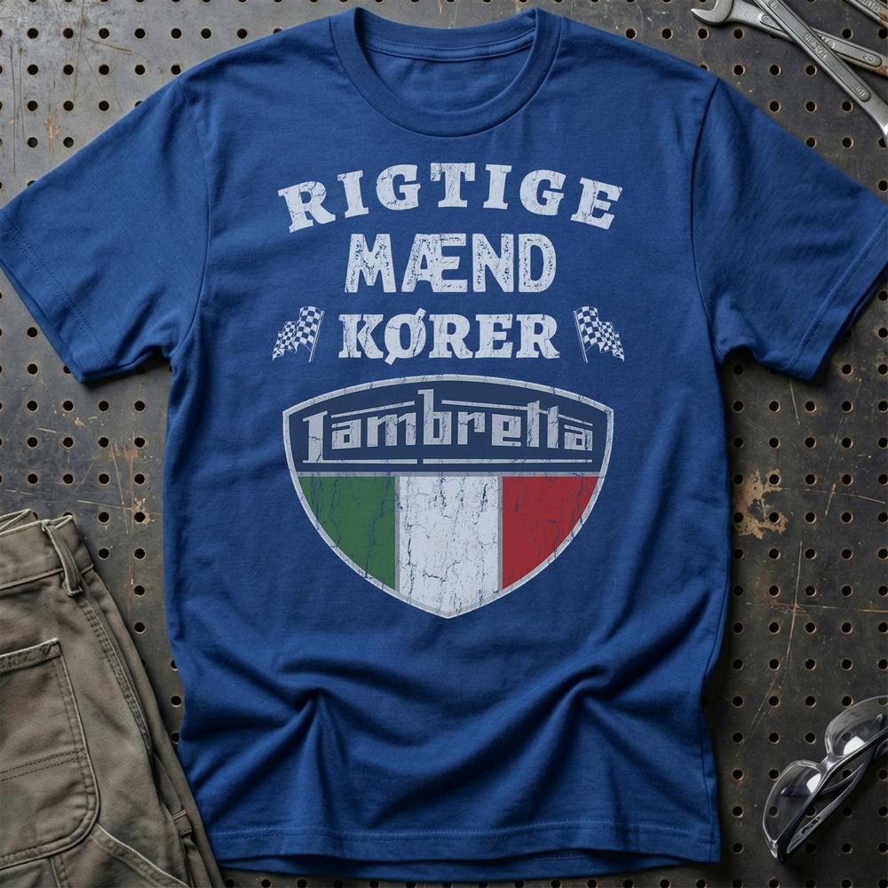 Lambretta Rigtige Mænd Kører T-Shirt-Beklædning-Lambretta-Blå Royal-S-Garage Culture Shop- garage - man cave - merchandise